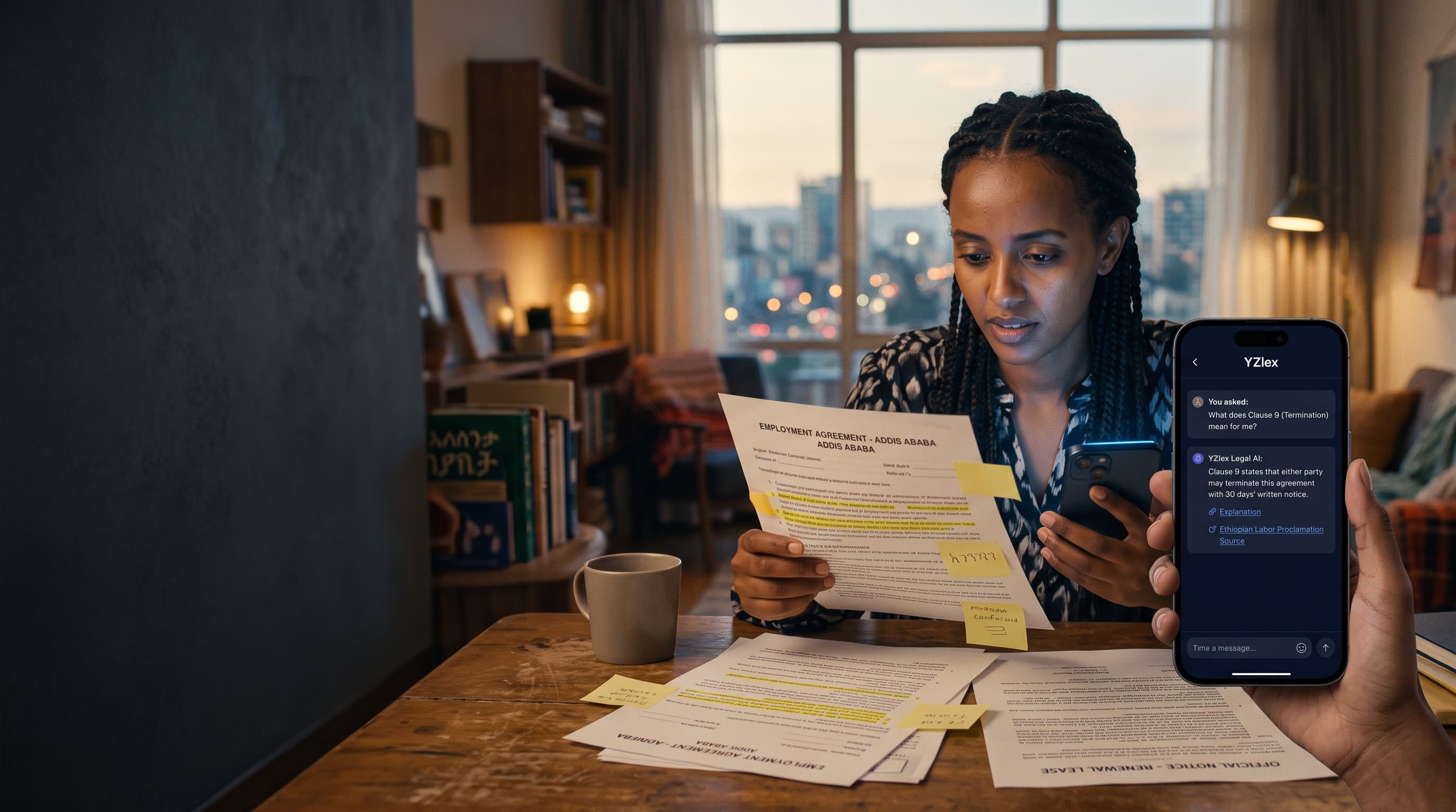 A person at home reading an employment agreement, with a phone in the foreground open to the YZlex assistant.