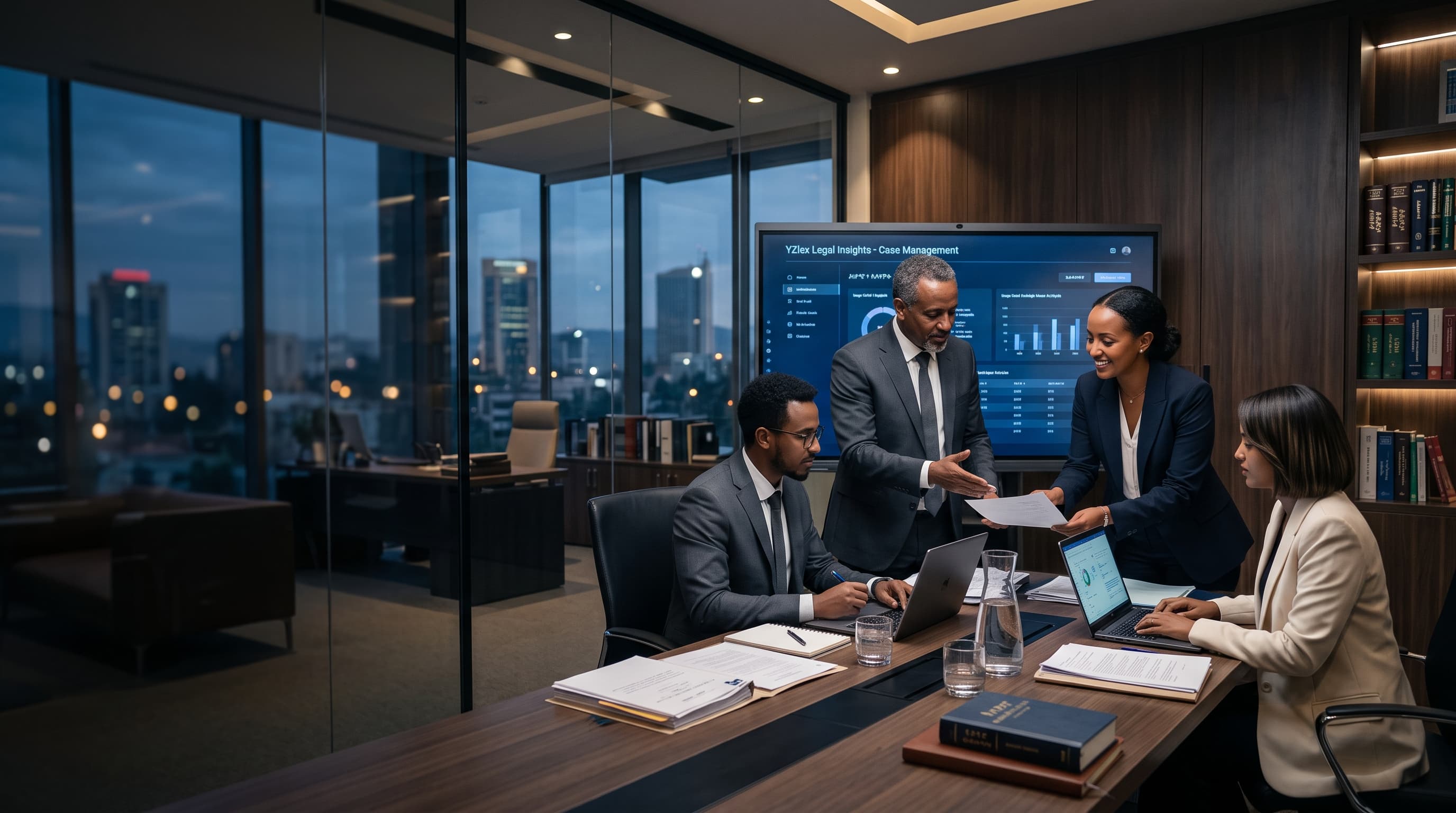 Four members of a law firm reviewing a document at a conference table, with a case management dashboard on the screen behind them.