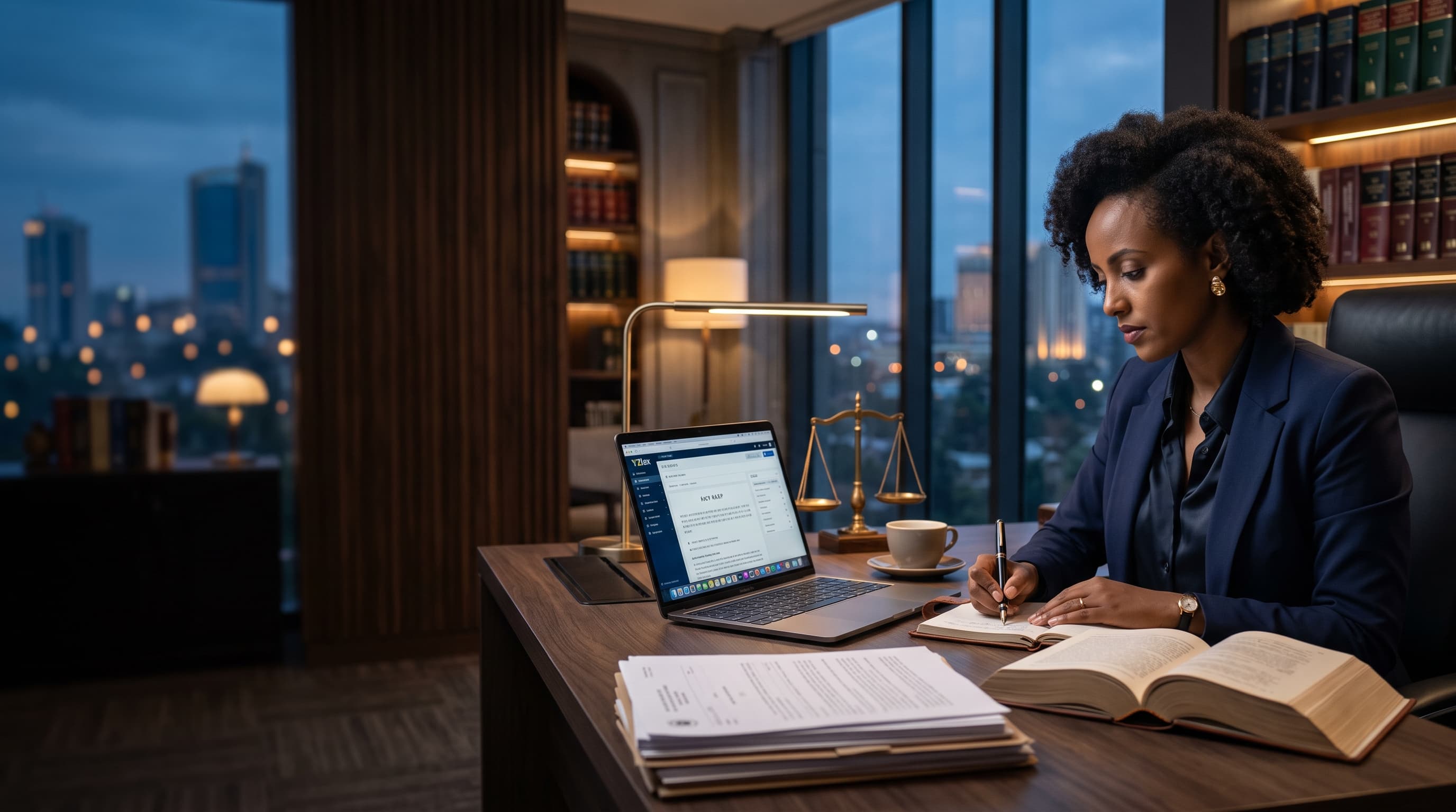 A lawyer writing notes at a desk beside a laptop, open law books and case files, with the city at dusk behind.