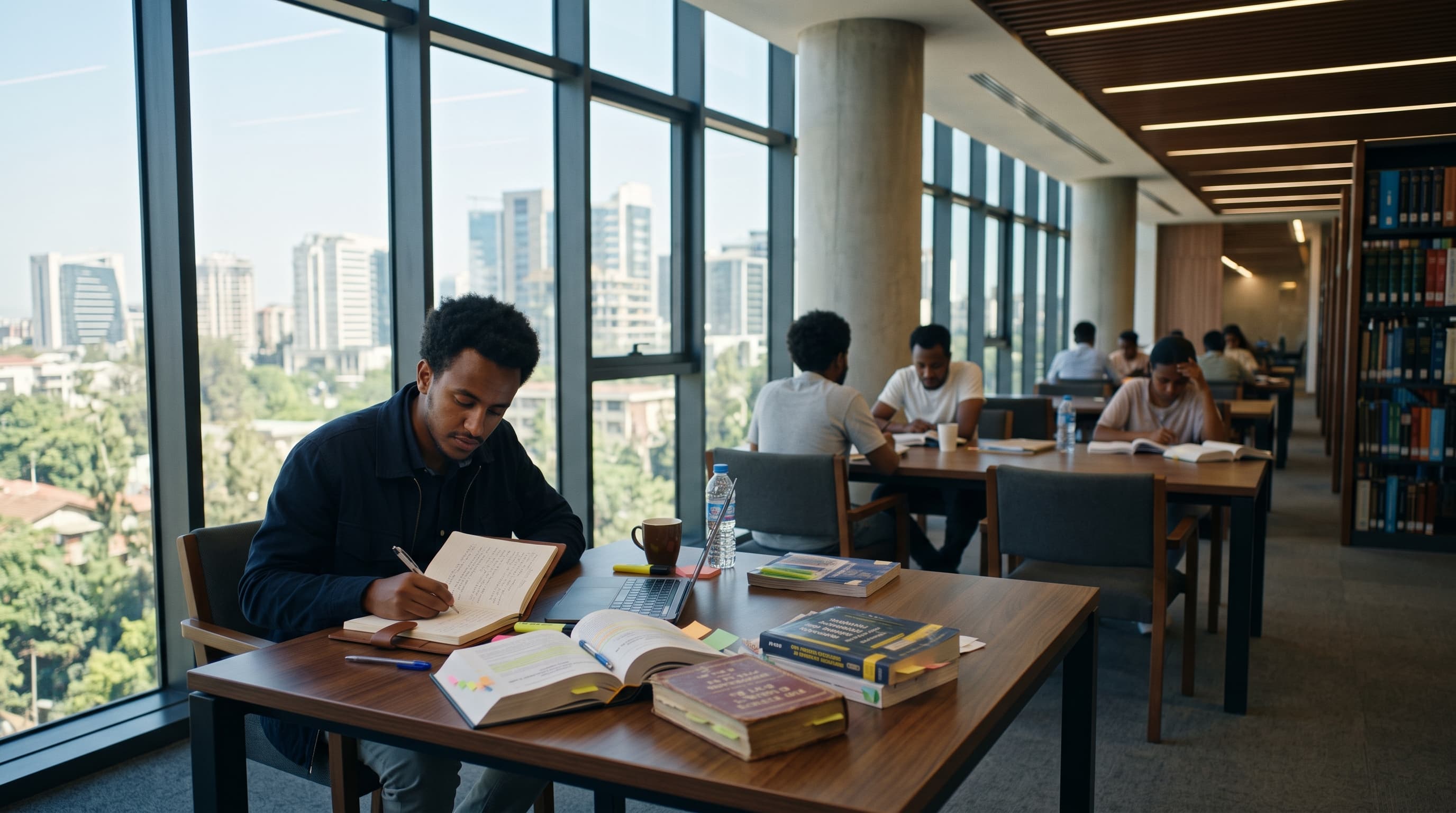 A law student taking notes from highlighted textbooks in a university library, with other students studying at tables beyond.